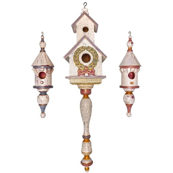 Vtg Shabby Chic Hand Painted Set of 3 Wooden Birdhouses Farmhouse Cottage Garden